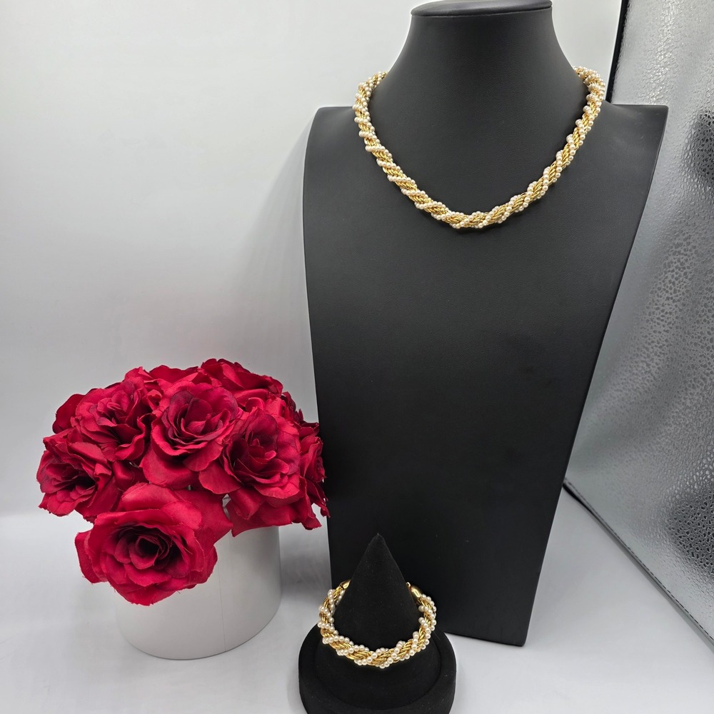 Napier Vintage Gold Tone Twisted Rope Faux Pearl Necklace and Bracelet Set